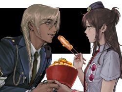  1boy 1girl ace_attorney adapted_costume aiguillette amikoiiko apollo_justice:_ace_attorney armband black_background blonde_hair blue_eyes blue_jacket blue_shirt blush bowl breast_pocket brown_hair buttons cable chopsticks closed_mouth collared_shirt commentary_request cosplay cuffs dark-skinned_male dark_skin drill_hair ema_skye eyewear_hang female_service_cap fingernails formal_clothes green_armband green_eyes green_necktie half_updo handcuffs hat highres holding holding_bowl holding_chopsticks holding_with_chopsticks initial jacket jewelry katsu_(food) katsudon_(food) klavier_gavin lapels long_hair long_sleeves looking_at_another maggey_byrde maggey_byrde_(cosplay) middle_ring mike_meekins mike_meekins_(cosplay) mini_hat mismatched_eyebrows multiple_rings necktie notched_lapels phoenix_wright:_ace_attorney phoenix_wright:_ace_attorney_-_justice_for_all pink-tinted_eyewear pink_lips pink_wrist_cuffs pocket police police_hat police_uniform policeman policewoman red_necktie ring shirt short_sleeves shoulder_boards side_drill simple_background smile suit_jacket sunglasses sweat teeth thumb_ring tinted_eyewear two-tone_armband two-tone_background unworn_eyewear upper_body walkie-talkie watch watch whistle white-framed_eyewear white_armband white_background white_shirt wrist_cuffs 