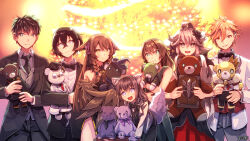  3boys 4girls :d animal_ears anne_cardo aura_venefika black_bow black_bowtie black_hair black_necktie blue_eyes book bow bowtie brown_eyes cat_ears christmas_tree copyright_name dairoku_ryouhei dress hair_between_eyes highres holding holding_book holding_stuffed_toy kasasakana_(tw) leonhardt_astralis long_hair lou_grace multiple_boys multiple_girls necktie nijo_koharu one_eye_closed red_dress roland_huttenberger smile stuffed_animal stuffed_toy suit tail teddy_bear traditional_bowtie vest yatogami_kyosuke 