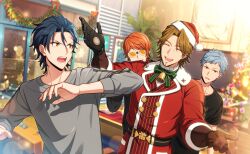 4boys asch_albright bell billy_wise black_gloves black_hair brown_hair christmas christmas_lights christmas_tree gloves gray_reverse grey_hair hat helios_rising_heroes highres indoors jay_kidman long_sleeves male_focus multiple_boys official_art open_mouth orange_eyes orange_hair santa_costume santa_hat shirt teeth upper_teeth_only 