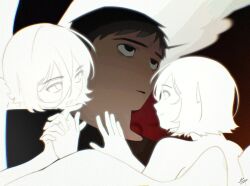  1boy 2others angel angel_martinez angel_wings animification clinical_trial_(game) clone commentary highres interlocked_fingers lee_smith multiple_others shirt sseung_e untranslatable_commentary upper_body wings 