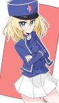  1girl ame_(amechan17391739) bc_freedom_military_uniform blonde_hair blue_eyes blue_headwear bright_pupils crossed_arms eyebrows_visible_through_hair girls_und_panzer hat highres long_sleeves looking_at_viewer medium_hair oshida_(girls_und_panzer) pleated_skirt skirt solo white_pupils white_skirt 