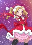  1girl aikatsu! aikatsu!_(series) amikaasan armpits back_bow belt bow breasts brown_belt buttons clenched_hand commentary_request cowboy_shot daichi_nono double-breasted dress elbow_gloves eyebrows_visible_through_hair forehead foreshortening fur-trimmed_dress fur-trimmed_gloves fur_trim gloves gradient gradient_background hair_intakes hair_ornament hat highres impossible_clothes impossible_dress layered_dress long_hair mole mole_under_eye multicolored_eyes open_hand open_mouth orange_eyes pink_background pink_eyes pom_pom_(clothes) pom_pom_hair_ornament purple_background reaching red_bow red_gloves santa_costume santa_dress santa_hat shiny shiny_hair shiny_skin sideboob skindentation sleeveless sleeveless_dress snow snowing solo sparkle teeth thigh-highs twintails upper_teeth violet_eyes zettai_ryouiki 