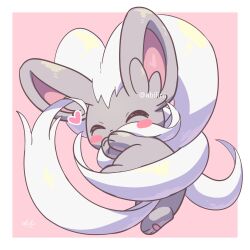  absurdres animal_focus blush_stickers border cinccino closed_eyes closed_mouth commentary_request fluffy full_body grey_fur highres looking_at_viewer neck_fur no_humans pawpads pink_background pokemer pokemon pokemon_(creature) pokemon_focus simple_background solo standing white_border white_fur 
