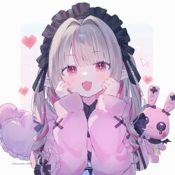  +_+ 1girl :3 :d animal_charm black_hairband charm_(object) commentary cursor drill_hair grey_hair hair_intakes hairband heart heart-shaped_pillow highres jacket light_blush lolita_hairband long_hair looking_at_viewer makaino_ririmu nijisanji open_mouth pillow pink_jacket pointy_ears sidelocks smile solo stuffed_animal stuffed_rabbit stuffed_toy syunmin_n000 twin_drills twitter_username untranslatable_commentary upper_body virtual_youtuber 