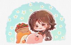  1boy basket blue_background blue_eyes blush blush_stickers brown_eyes brown_hair chibi chibi_only commentary_request cropped_torso floral_background food fruit highres holding holding_basket kirby kirby_(series) mole mole_under_mouth open_mouth outline real_life sakurai_masahiro short_hair smile strawberry tokkakyou waddle_dee white_outline 