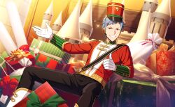  1boy asch_albright black_pants box gift gift_box gloves grey_hair hat headset helios_rising_heroes highres long_sleeves looking_at_viewer male_focus mole mole_under_eye official_art orange_eyes pants sitting smile solo teeth white_gloves 