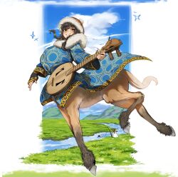 1girl absurdres bird black_hair braid breasts brown_eyes centaur clouds commentary fish fishing_rod grin hair_tie highres holding holding_instrument instrument knife mongolian_clothes monkey_draw original smile solo_focus taur tovshuur twin_braids untranslatable_commentary 