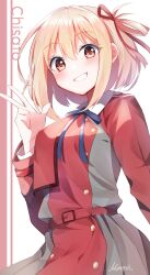  1girl belt black_ribbon blonde_hair blue_ribbon blush character_name collared_shirt commentary_request dress grey_dress hair_between_eyes hair_ribbon highres long_sleeves looking_at_viewer lycoris_recoil lycoris_uniform mani_(manidrawings) medium_hair neck_ribbon nishikigi_chisato one_side_up open_mouth red_belt red_dress red_eyes ribbon shirt sidelocks signature simple_background smile solo teeth two-tone_dress upper_body w white_background white_shirt 