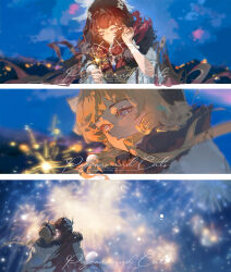 2girls absurdres back black_hair blonde_hair coat columbina_(genshin_impact) face-to-face fatui_coat fireworks frilled_headwear fur-trimmed_coat fur_trim genshin_impact hair_bun hair_ornament head_wings headdress highres holding holding_fireworks leaning_on_person long_hair looking_at_another looking_at_object looking_down multiple_girls night playing_with_own_hair purple_hair ribbon sandrone_(genshin_impact) short_hair_with_long_locks side-by-side sky violet_eyes white_coat white_headdress white_wings wings wrist_bow wrist_ribbon x_hair_ornament yyeeeeee 