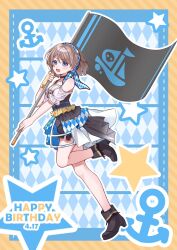  1girl anchor bandana bare_shoulders birthday black_boots blue_eyes blush boots checkered_clothes commentary_request cowboy_boots cyaron!_(love_live!) duckduckduck233 flag from_side gloves grey_hair hair_ornament happy_birthday headband high_heels highres kinmirai_happy_end loose_clothes loose_shirt love_live! love_live!_sunshine!! official_alternate_costume open_mouth ship shirt shoes short_hair single_glove skirt smile star_(symbol) thighs watanabe_you watercraft wavy_hair 