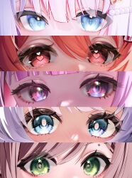  5girls aqua_eyes aqua_pupils azur_lane blue_eyes bright_pupils column_lineup commentary_request eye_focus eyebrow_piercing face_piercing garimayo green_eyes hair_between_eyes hair_ornament heart heart-shaped_pupils heart_in_eye highres indie_virtual_youtuber lumu_lemu miori_celesta miori_celesta_(emo) multiple_girls ognevoy_(azur_lane) pearl_hair_ornament piercing pink_eyes pink_hair purple_hair red_eyes red_hair red_pupils shiroha_nemu star_(symbol) star_hair_ornament star_in_eye symbol-shaped_pupils symbol_in_eye tsukimi_yuco white_hair white_pupils 