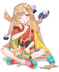  4girls absurdres animal_ears blonde_hair blue_kimono blush brown_eyes cho_kaguya-hime! clone clothing_cutout colored_inner_hair commentary crescent crescent_hair_ornament flying hair_ornament highres inudoge japanese_clothes jgnn kaguya_(cho_kaguya-hime!) kimono long_hair looking_at_viewer low-tied_long_hair mini_yachiyo multicolored_hair multiple_girls obi pink_shoes rabbit_ears rabbit_girl red-framed_eyewear runami_yachiyo sash shoes shoulder_cutout simple_background sitting tongue tongue_out v v_over_mouth white_background 