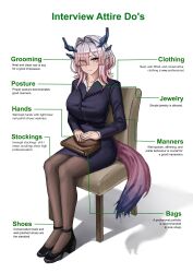  absurdres arknights arknights:_endfield bead_necklace beads black_jacket black_pantyhose black_shoes black_skirt blush breasts chair dragon_girl dragon_horns dragon_tail hair_intakes highres horns jacket jewelry khione_(yukhione) large_breasts looking_at_viewer mi_fu_(arknights) mole mole_under_eye necklace office_lady pantyhose pink_hair pointing_out_the_details pointy_ears red_eyes shadow shoes short_hair simple_background sitting skirt skirt_set tail white_background 