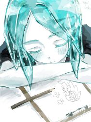  1other androgynous aqua_hair black_shirt clipboard closed_eyes closed_mouth colored_eyelashes colored_skin commentary crossed_arms crystal_hair gem_uniform_(houseki_no_kuni) highres houseki_no_kuni pencil phosphophyllite puffy_short_sleeves puffy_sleeves pui_gecko resting shirt short_hair short_sleeves solo untranslatable_commentary white_background white_skin 