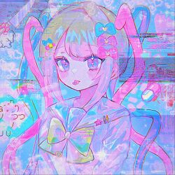  1girl blonde_hair blue_background blue_bow blue_eyes blue_hair blue_skirt bow chouzetsusaikawa_tenshi-chan commentary_request expressionless glitch hair_bow long_hair looking_at_viewer morita_(pixiv31883607) multicolored_hair needy_girl_overdose pill pill_in_mouth pink_bow pink_hair purple_bow quad_tails sailor_collar skirt solo tongue tongue_out upper_body 