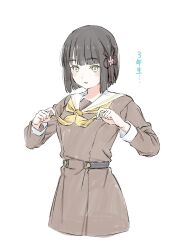  1girl black_hair blunt_bangs blunt_ends blush bob_cut brown_dress cropped_legs dress flower flower_knot fujimiz green_eyes hair_flower hair_ornament hasu_no_sora_school_uniform highres holding_neckerchief inverted_bob link!_like!_love_live! long_sleeves love_live! momose_ginko neckerchief parted_lips pink_flower pleated_dress sailor_collar sailor_dress school_uniform short_hair simple_background solo translation_request virtual_youtuber white_background white_sailor_collar winter_uniform yellow_neckerchief 