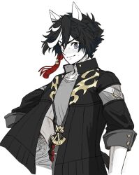  1boy animal_ears arm_out_of_sleeve black_gloves black_jacket blue_eyes collarbone commentary_request genderswap genderswap_(ftm) gloves grey_shirt hair_between_eyes hair_ornament hand_on_own_hip highres horse_boy horse_ears horse_tail jacket katsuragi_ace_(dragon_rising_to_the_top)_(umamusume) katsuragi_ace_(umamusume) koto444866 looking_at_viewer male_focus multicolored_hair open_clothes open_jacket shirt short_hair simple_background solo streaked_hair sweat tail tassel tassel_hair_ornament twitter_username umamusume white_background 