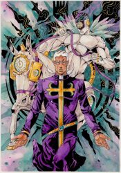  1boy 1other aqua_belt belt blank_eyes cassock clock clockwork dark-skinned_male dark_skin english_commentary enrico_pucci enrico_pucci_(new_moon) facial_hair feathers high_collar highres holding holding_reins horse jojo_no_kimyou_na_bouken low_ponytail made_in_heaven_(stand) male_focus painting_(medium) ponytail priest purple_robe reins robe stand_(jojo) stone_ocean traditional_media watercolor_(medium) white_eyes white_hair xfkart 