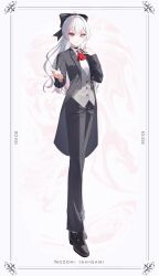  1girl ascot black_bow black_choker black_pants blunt_bangs border bow brooch butler character_name choker closed_mouth collared_shirt commentary crossdressing crossdressing_(ftm) double-parted_bangs dress_shirt dress_shoes enbutlered female_butler formal_clothes full_body grey_eyes grey_vest hair_bow hand_on_own_chest hands_up heterochromia highres inset_border ishigami_nozomi jewelry lapels light_smile long_hair long_sleeves looking_at_viewer multicolored_hair nijisanji notched_lapels ornate_border oxfords pants red_ascot red_eyes shirt solo standing streaked_hair tailcoat vest virtual_youtuber wavy_hair white_hair white_shirt yuki_hare1130 