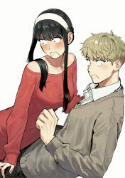  1boy absurdres black_hair blonde_hair blush closed_mouth collarbone dress earrings gold_earrings hairband highres husband_and_wife jewelry long_hair long_sidelocks long_sleeves p_notninjin shirt shirt_under_sweater short_hair sidelocks simple_background spy_x_family twilight_(spy_x_family) white_background white_hairband yor_briar 