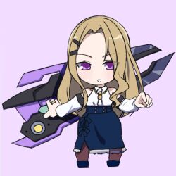  1girl assault_lily bare_shoulders blue_shirt blue_skirt blush brown_hair brown_pantyhose chibi collared_shirt commentary detached_sleeves full_body gumoyu hair_ornament hairclip hands_up high-waist_skirt holding holding_behind_back holding_weapon holding_weapon_behind_back jewelry long_hair long_skirt long_sleeves looking_at_viewer pantyhose parallel_hairclips parted_bangs parted_lips purple_background ring shirt side_slit sidelocks simple_background skirt sleeveless sleeveless_shirt solo takashima_yakumo violet_eyes weapon 