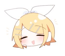  1girl :d blonde_hair blush bow chibi closed_eyes commentary_request hair_bow hair_ornament hairclip headset kagamine_rin mani_(manidrawings) medium_hair parallel_hairclips parted_bangs sidelocks simple_background smile solo vocaloid white_background white_bow 