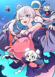  5girls absurdres blue_kimono cho_kaguya-hime! colored_inner_hair commentary_request fushi_(cho_kaguya-hime!) hair_ornament hair_stick hands_up hanten_(hantennano) highres japanese_clothes kimono mini_person mini_yachiyo multicolored_hair multiple_girls multiple_persona off_shoulder one_eye_closed open_mouth pink_hair runami_yachiyo shide twintails umbrella_octopus white_hair 