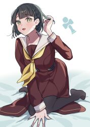  1girl :d black_hair black_pantyhose blush borrowed_hairstyle braid breasts brown_dress center-flap_bangs character_logo dress full_body green_eyes hasu_no_sora_school_uniform highres kachimachi_kosuzu kneeling lilac_(li_lac_3) link!_like!_love_live! long_sleeves looking_at_viewer love_live! medium_breasts medium_dress momose_ginko neckerchief no_shoes open_mouth pantyhose pleated_dress sailor_collar sailor_dress school_uniform short_hair side_braids simple_background smile virtual_youtuber white_background white_sailor_collar winter_uniform yellow_neckerchief 