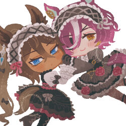  2girls alternate_costume animal_ears arm_belt arm_bow black_gloves blue_eyes blush boots bow brown_hair chibi chibi_only commentary_request dress earrings eyepatch flower forked_eyebrows frilled_dress frilled_sleeves frills fukumaru_kinako gloves goth_fashion headdress high_ponytail highres holding_hands horse_ears horse_girl horse_tail interlocked_fingers jewelry lace-up_boots long_hair long_sleeves looking_at_viewer multicolored_hair multiple_girls one_eye_covered pantyhose ponytail purple_hair rose smile symboli_kris_s_(umamusume) tail tanino_gimlet_(umamusume) two-tone_hair umamusume very_long_hair watermark white_background wings yellow_eyes 