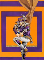  1boy absurdres araki_hirohiko ball beard belt bridal_gauntlets brown_belt brown_cape brown_eyes brown_lips cape cowboy_hat facial_hair goggles goggles_on_headwear grey_hair grey_pants grey_sleeves gyro_zeppeli hat highres holding holding_ball holster jojo_no_kimyou_na_bouken jojo_pose long_hair male_focus official_alternate_costume official_art pants parted_lips purple_bridal_gauntlets purple_hat purple_shirt purple_sleeves scan second-party_source shirt shoe_soles short_sleeves solo spurs steel_ball_(jojo) steel_ball_run studded_belt studded_pants traditional_media two-tone_sleeves 
