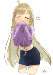  1girl absurdres asanagi_asu black_skirt blonde_hair cho_kaguya-hime! closed_eyes commentary_request crop_top hands_on_own_cheeks hands_on_own_face heart highres kaguya_(cho_kaguya-hime!) long_hair navel open_mouth purple_sweater simple_background skirt solo sweater very_long_hair white_background 