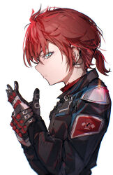  1boy absurdres adjusting_clothes adjusting_gloves advarcher alternate_costume black_gloves black_jacket closed_mouth commentary ear_chain earclip from_side gloves highres holostars holostars_english jacket linked_piercing long_sleeves looking_at_viewer machina_x_flayon male_focus messy_hair orange_eyes piercing ponytail profile red_hair short_hair simple_background slit_pupils solo upper_body white_background 