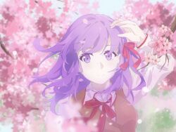  1girl breasts brown_vest cherry_blossoms commentary_request fate/stay_night fate_(series) hair_ribbon highres homurabara_academy_school_uniform kafuuchino_(chouti) long_hair long_sleeves looking_at_viewer matou_sakura neck_ribbon purple_hair red_ribbon ribbon school_uniform shirt solo vest violet_eyes white_shirt 
