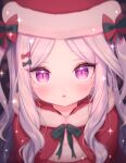  1girl :o bangs blue_archive blush eyebrows_visible_through_hair eyelashes hat highres hina_(blue_archive) looking_at_viewer nishiki_koi parted_bangs santa_costume santa_hat sidelocks silver_hair slit_pupils solo sparkle two_side_up upper_body violet_eyes wavy_hair 
