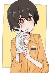  1girl :o ame_(amechan17391739) black_hair bright_pupils brown_eyes girls_und_panzer gloves highres jumpsuit nakajima_(girls_und_panzer) short_hair simple_background single_glove solo upper_body white_pupils 