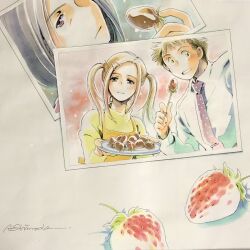  1boy 2girls apron black_hair blonde_hair brown_eyes brown_hair chocolate chocolate-covered_food chocolate_strawberry closed_mouth collared_shirt commentary_request food fruit hair_ornament hairclip hand_up hands_up highres hirao_shizune_(em_makiweb) holding holding_food holding_fruit holding_plate holding_skewer medium_hair multiple_girls necktie odaka_hiro_(studio_carmine) orange_apron original photo_(object) plate polka_dot_necktie purple_necktie shirt short_hair skewer smile strawberry studio_carmine sweater traditional_media turtleneck turtleneck_sweater twintails white_shirt yellow_eyes yellow_sweater 