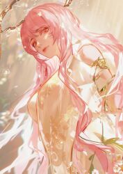  1girl absurdres anne_(path_to_nowhere) bare_shoulders bug butterfly china_dress chinese_clothes chinese_commentary commentary dress flower glowing_butterfly halo highres long_hair looking_at_viewer looking_down path_to_nowhere pink_eyes pink_hair print_dress qingci sleeveless sleeveless_dress smile solo upper_body white_dress white_flower 