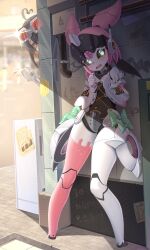 1girl absurdres aria_(zenless_zone_zero) black_sclera colored_sclera commentary_request crotch_plate green_eyes highres humanoid_robot kyuuhyaku mecha_musume metal_hair pink_hair quad_tails robot robot_girl thighs too_many_bows zenless_zone_zero 