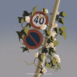  artist_name blue_background cognacbear commentary flower gradient_background grey_background highres no_humans no_parking_sign object_focus original overgrown plant plant_focus pole road_sign rose sign speed_limit_sign two-tone_background untranslatable_commentary vines white_flower white_rose 