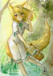  1girl animal_ears blonde_hair bucket chidori_nekoro commentary_request fox_ears fox_girl fox_tail green_ribbon hair_between_eyes holding holding_bucket kudamaki_tsukasa medium_hair neck_ribbon painting_(medium) ribbon romper sandals short_sleeves sleeve_ribbon socks solo tail touhou traditional_media watercolor_(medium) white_romper white_socks yellow_eyes 