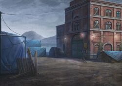  abandoned blue_archive boarded_windows brick brick_wall building cable chain-link_fence clouds cloudy_sky day dirt door fence fog game_cg grey_sky ivy mountain mountainous_horizon muted_color no_humans non-web_source official_art outdoors overcast plant scenery self-datamine sky string_of_light_bulbs tarpaulin vines warehouse window 