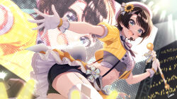  1girl :d absurdres back_bow beret black_bow black_bowtie black_hair black_shorts blue_eyes blurry blurry_background bow bowtie center_frills commentary_request concert cropped_jacket cropped_shirt curio_(curiofinity) flower frilled_gloves frilled_shirt frilled_skirt frills garter_straps gloves hair_flower hair_ornament hat headset highres holding_baton hololive idol jacket large_bow looking_at_viewer midriff navel official_alternate_costume oozora_subaru oozora_subaru_(starlight) open_mouth overskirt pinstripe_jacket pinstripe_pattern pinstripe_skirt shirt short-sleeved_jacket short_hair short_sleeves shorts skirt smile solo stage striped_bow striped_bowtie striped_clothes sunflower sunflower_hair_ornament suspender_shorts suspenders swept_bangs thigh-highs underbust virtual_youtuber white_garter_straps white_gloves white_hat white_shirt white_thighhighs yellow_jacket yellow_skirt 