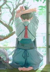  1girl archery barefoot black_hakama blue_skirt branch commentary_request day feet from_behind green_hair hair_bun hakama hakama_skirt highres indoors japanese_clothes kendo_mask kimono kyuudou leaf long_sleeves mask original ruda_(ruda_e) sitting skirt solo sunlight tatami toes tree tying_hair white_kimono 