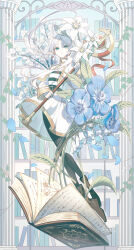  1girl aqua_eyes between_legs black_pantyhose blue_flower book boots brown_boots capelet closed_mouth commentary_request earrings elf fence flower frieren full_body gold_trim grey_hair highres holding holding_scepter jacket jewelry kina_co long_hair long_pointy_ears pantyhose parted_bangs pointy_ears scepter shirt skirt solo sousou_no_frieren striped_clothes striped_shirt twintails white_capelet white_flower white_jacket white_skirt 