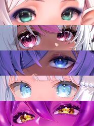  5girls black_hair blue_eyes blue_eyeshadow blue_pupils colored_skin column_lineup commentary_request dark-skinned_female dark_skin eye_focus eyeshadow final_fantasy final_fantasy_xiv garimayo green_eyes hair_between_eyes hair_over_one_eye highres indie_virtual_youtuber kawaiipaden kris_kokoro makeup monster_girl multicolored_hair multiple_girls orange_eyes original pink_eyes pink_hair pink_skin purple_hair shiroha_nemu slime_girl white_hair 