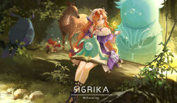 1girl absurdres artist_name bare_shoulders bird blue_bird blue_eyes body_markings book braid braided_sidelocks bug butterfly character_name chun_ling closed_mouth commentary deer fingerless_gloves gloves hand_up highres jacket long_hair looking_to_the_side mushroom open_book orange_hair outdoors pointy_ears purple_jacket sidelocks sigrika_(wuthering_waves) sitting sitting_on_log smile soliskin_(wuthering_waves) solo turning_head veil white_gloves white_veil wuthering_waves yellow_butterfly 