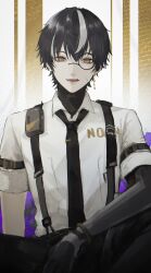  1boy arm_on_knee arm_rest black_hair black_necktie black_pants collared_shirt earrings gi_ra1 highres jewelry male_focus mechanical_arms monocle multicolored_hair necktie noan:_arca_(homecoming)_(pgr) noan_(pgr) official_alternate_costume pants parted_lips punishing:_gray_raven round_eyewear shirt short_hair short_sleeves single_mechanical_arm sitting solo streaked_hair suspenders teeth tongue tongue_out upper_teeth_only white_background white_shirt white_streaks 