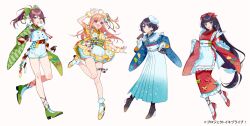  4girls ahoge apron azabu_mai banirou beret black_gloves black_hair black_shoes blue_eyes blue_hakama blue_kimono blue_shorts blunt_bangs boots bow buttons chaki!_(love_live!) commentary_request copyright_notice dekoboko_quartet double-breasted frilled_kimono frills full_body gloves goto_akira green_bow green_eyes green_kimono green_shoes hair_bow hakama hakama_skirt half_gloves hat high-waist_shorts high_heels high_ponytail highres ikizulive!_love_live!_bluebird japanese_clothes kimono komagata_hanabi long_hair looking_at_viewer love_live! low-tied_long_hair multiple_girls obi obijime official_alternate_costume one_side_up orange_eyes orange_hair ponytail purple_hair red_kimono red_shoes sash shoes short_hair short_kimono short_shorts shorts simple_background skirt straight_hair takahashi_polka very_long_hair waist_apron white_apron white_background white_gloves white_hat white_sash yagasuri yellow_boots yellow_kimono yellow_shoes 