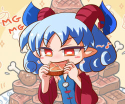  1girl blue_dress blue_hair blush_stickers boned_meat bright_pupils chicken_(food) chicken_leg commentary_request detached_sleeves dress eating feast food hands_up holding holding_food horizontal_pupils horn_ornament horn_ribbon horns kajiya_no_masa meat motion_lines musical_note one-hour_drawing_challenge plate pointy_ears red_eyes red_horns red_sleeves ribbon sheep_horns short_hair smile solo sound_effects sparkle steak touhou toutetsu_yuuma yellow_background 