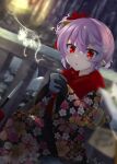  1girl akisome_hatsuka alternate_costume alternate_hairstyle bangs blurry blurry_background cup dutch_angle eyebrows_visible_through_hair floral_print flower hair_flower hair_ornament holding holding_cup japanese_clothes kimono long_sleeves looking_at_viewer open_mouth pointy_ears purple_hair red_eyes red_kimono remilia_scarlet short_hair smoke solo touhou wide_sleeves yukata 